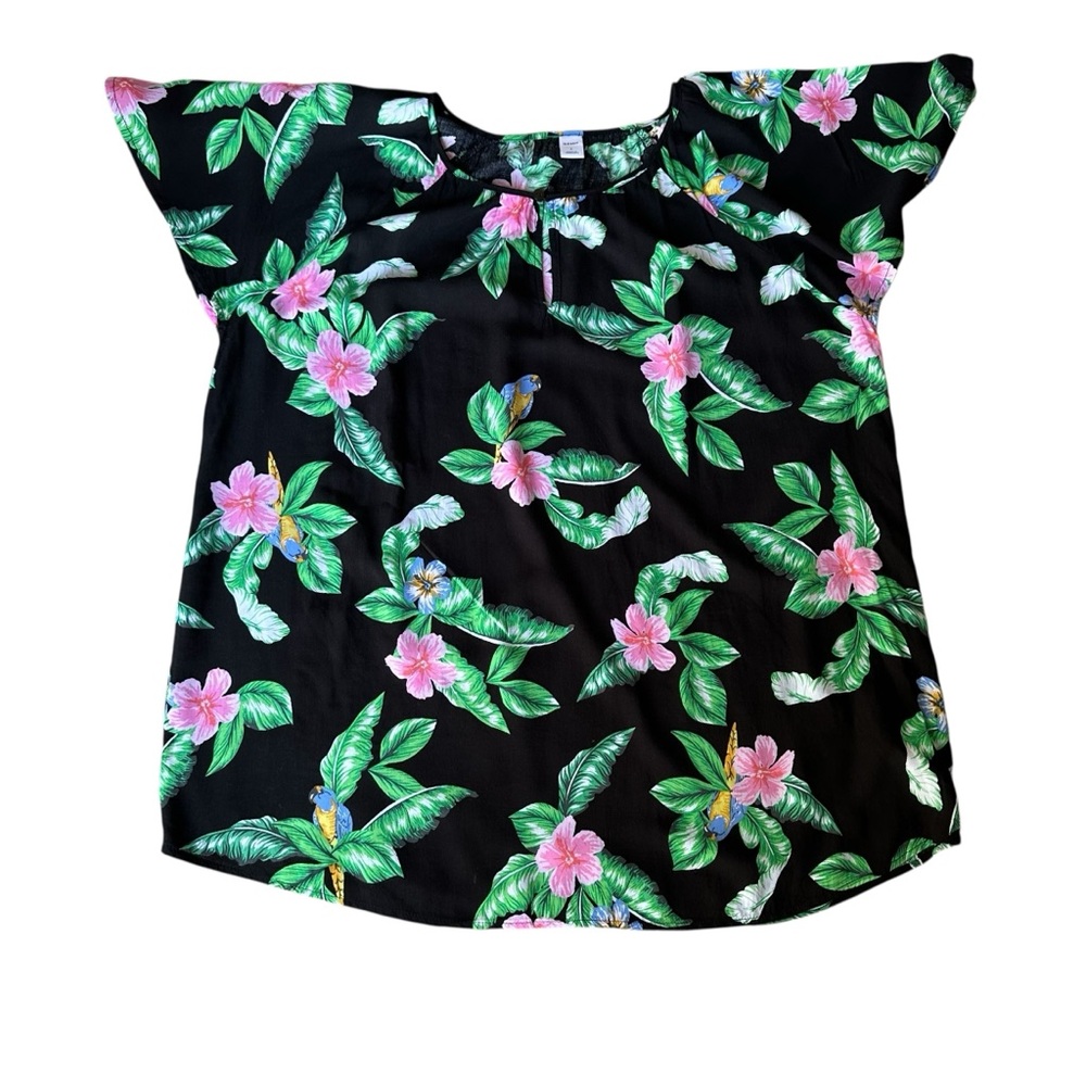 Old Navy Black Tropical Floral Flutter Sleeve Keyhole Top Women’s Large